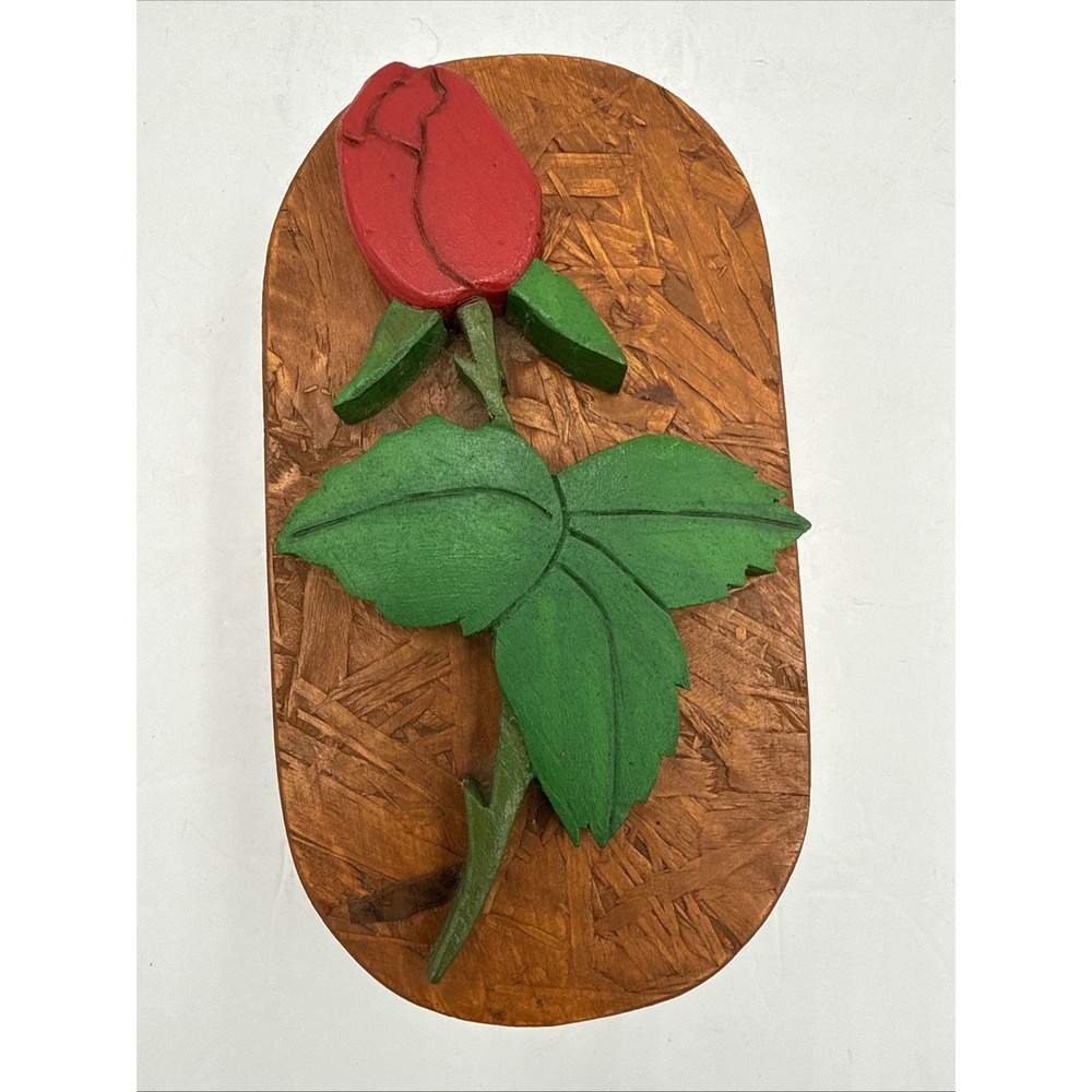 Vintage Hand Carved Wood Jewelry Box Tulip Floral Lid Rustic Folk Art
